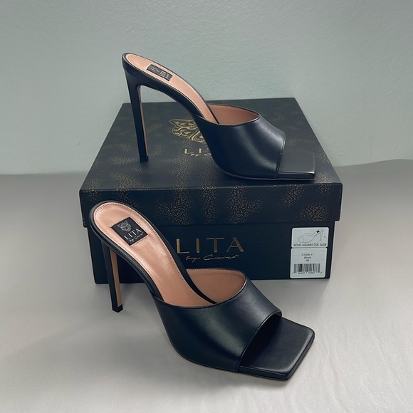 NIB LITA by Ciara X REVOLVE US 7 Solid Square Toe Slide Heel Sandal in Black - Picture 1 of 4